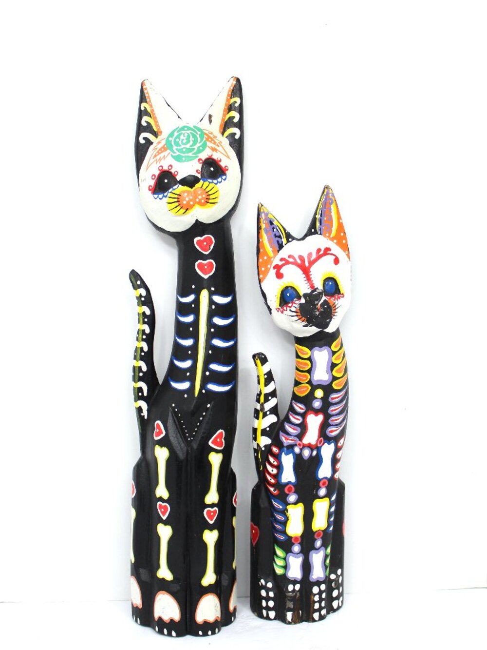 Wooden Folk Art Day of the Dead Colorful Skull Face Hand-Painted 2-Cat Figurines